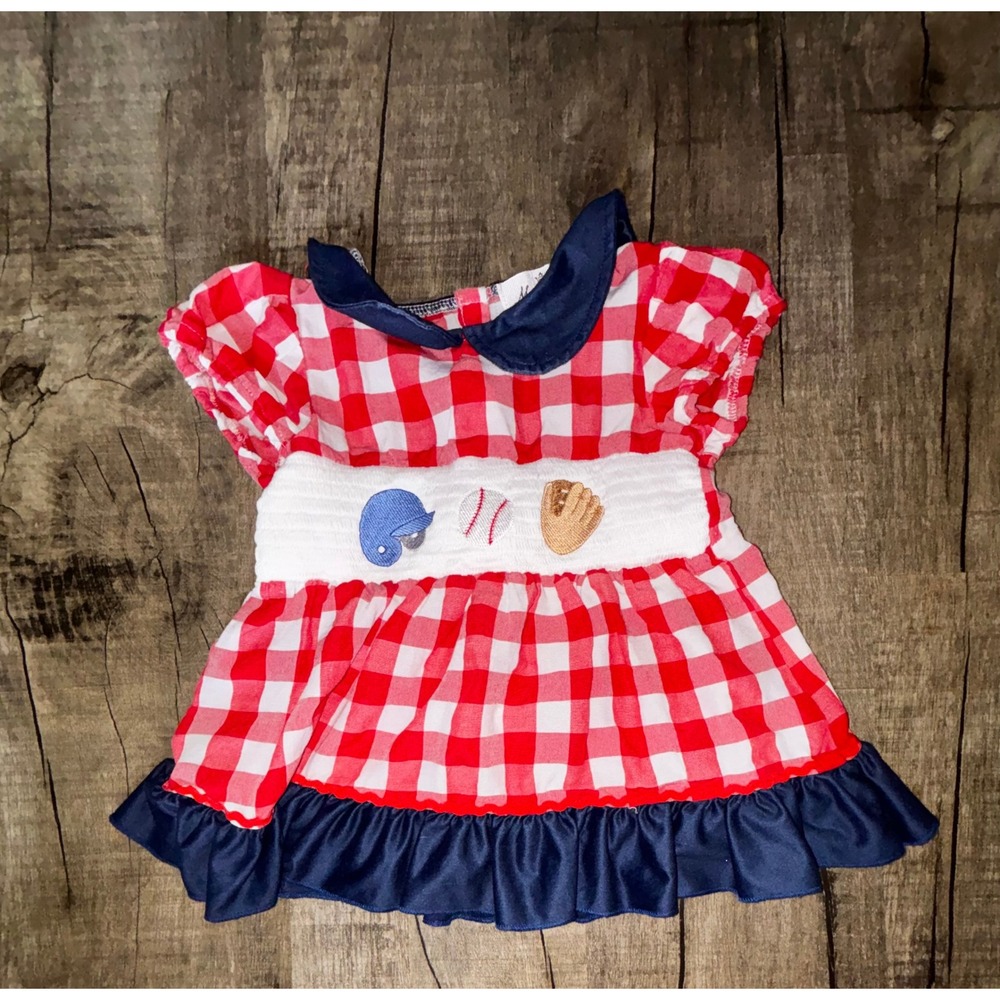 Marie Nicole Clothing Girls Red Gingham Baseball Smocked Top Navy Ruffle Medium